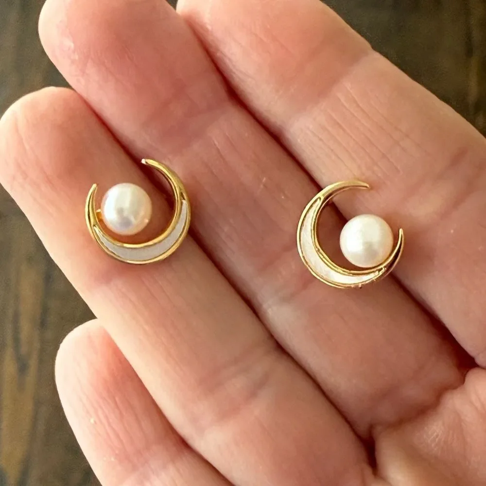 Cosmic Moon Freshwater Pearl Stud Earrings Gold Tone Celestial Crescent Lunar